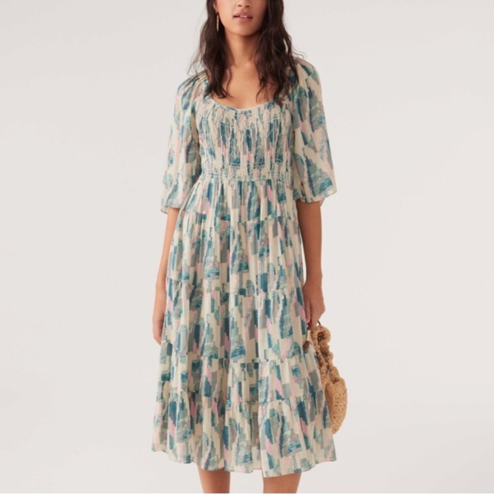 ba&sh Teoli Open Tie Back Patterned Midi Dress Pink US 3 Large Turquoise NWT